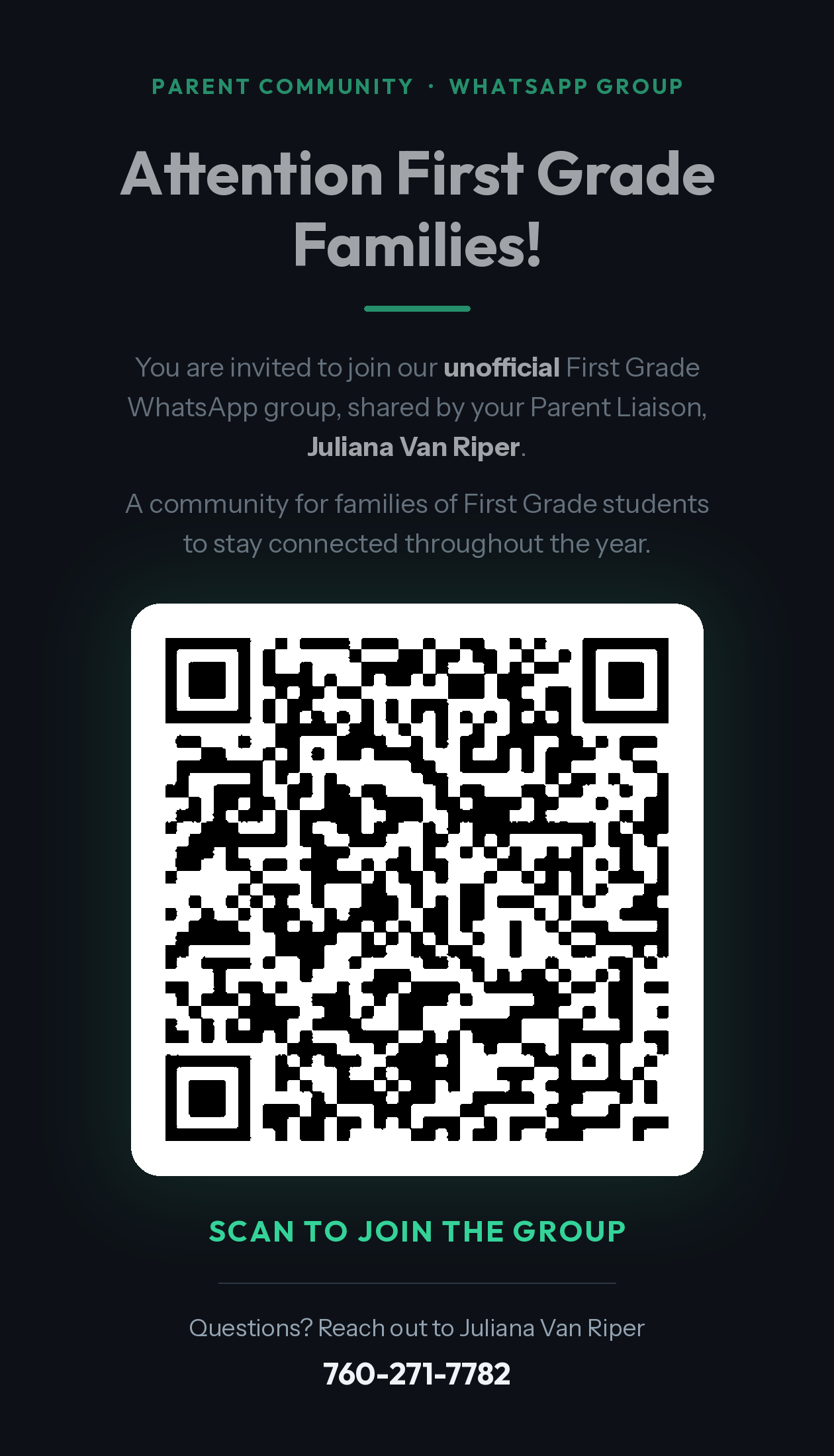 First Grade WhatsApp group flyer with QR code